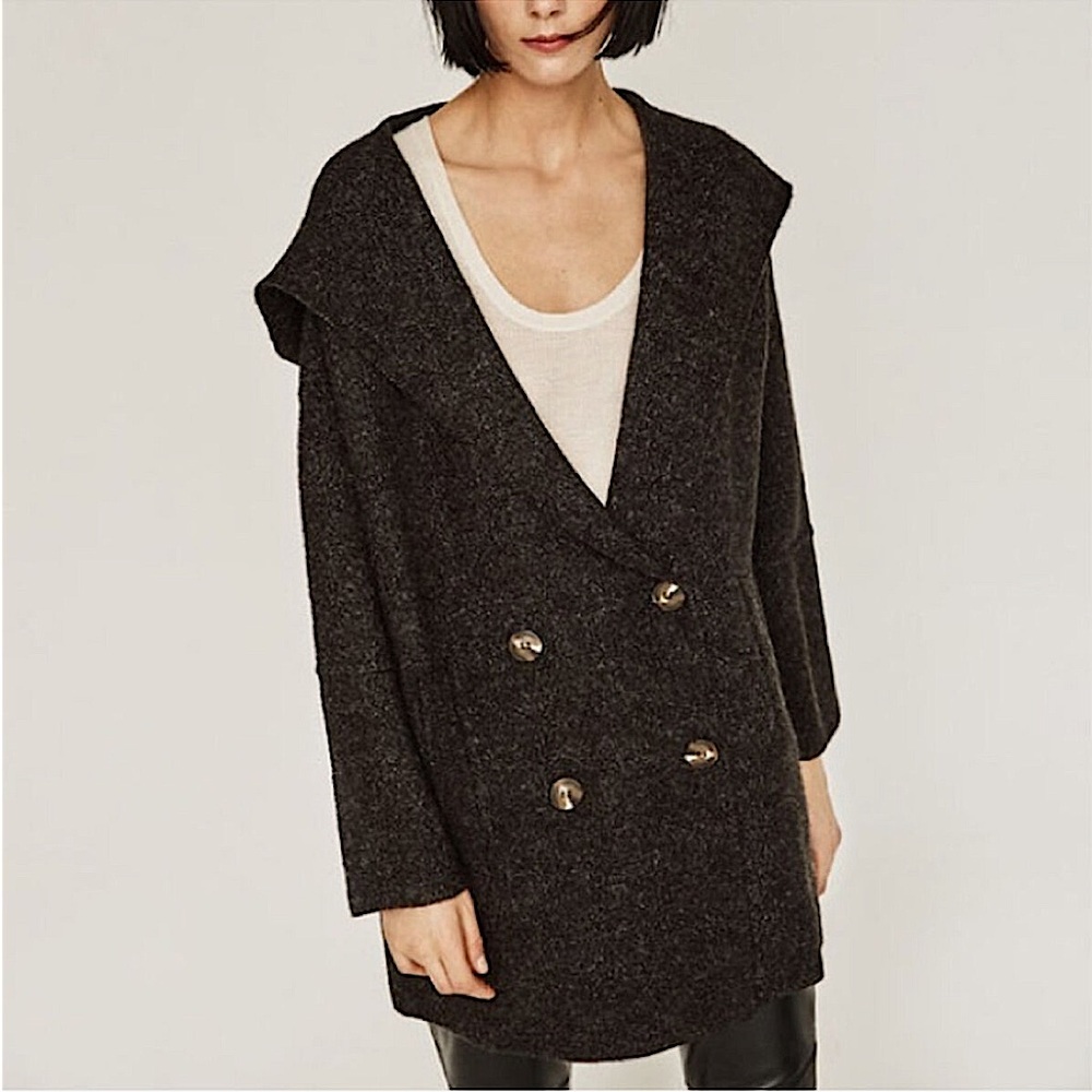 Zara Double Breasted Wool Cardigan Sweater Jacket Coat w/ Hood in Charcoal